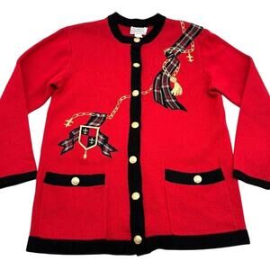 Doncaster Red Black & Gold Wool Blend Cardigan Small Plaid Accents Gold Buttons